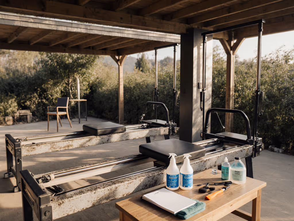 outdoor_pilates_equipment_on_covered_patio_with_maintenance_supplies