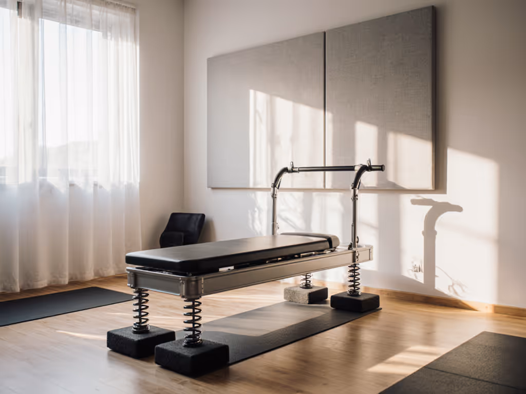 pilates_cadillac_equipment_in_small_studio_setting_with_vibration_dampening_pads